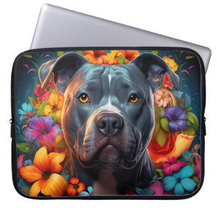 Blue Pitbull Dog with Flowers Laptop Bag