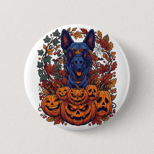 Blue Pitbull Halloween Pumpkins Autumn Leaves Bats 6 Cm Round Badge
