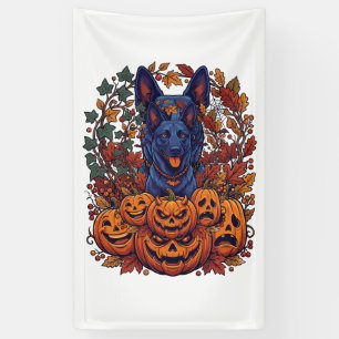 Blue Pitbull Halloween Pumpkins Autumn Leaves Bats Banner