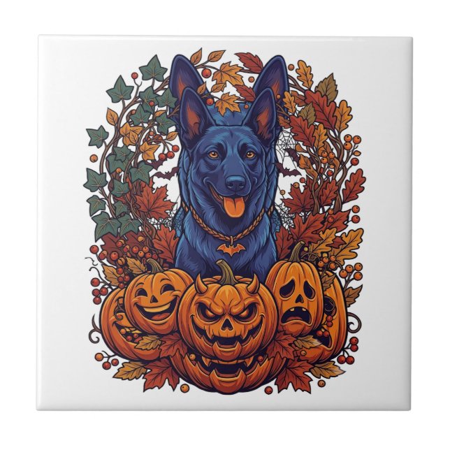 Blue Pitbull Halloween Pumpkins Autumn Leaves Bats Ceramic Tile (Front)