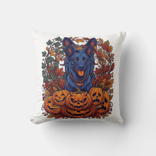 Blue Pitbull Halloween Pumpkins Autumn Leaves Bats Cushion