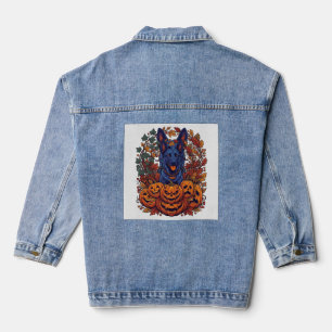 Blue Pitbull Halloween Pumpkins Autumn Leaves Bats Denim Jacket