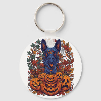 Blue Pitbull Halloween Pumpkins Autumn Leaves Bats Key Ring