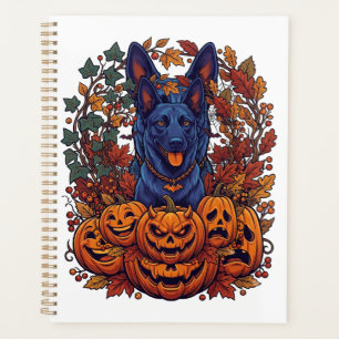 Blue Pitbull Halloween Pumpkins Autumn Leaves Bats Planner