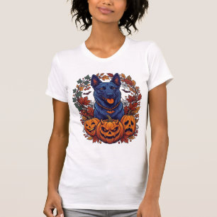 Blue Pitbull Halloween Pumpkins Autumn Leaves Bats T-Shirt