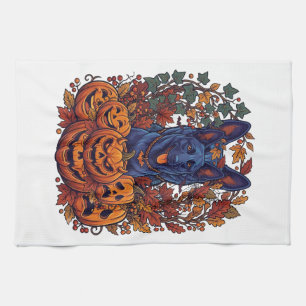 Blue Pitbull Halloween Pumpkins Autumn Leaves Bats Tea Towel