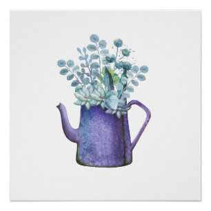 Blue Pitcher With Flowers Watercolor Poster Print