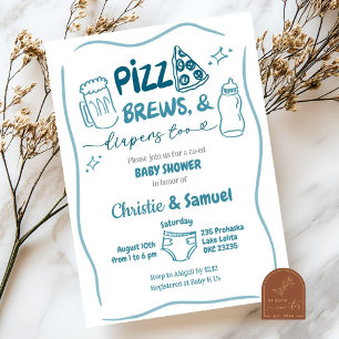 Blue Pizza, Brews and Diapers Co-Ed Baby Shower Invitation