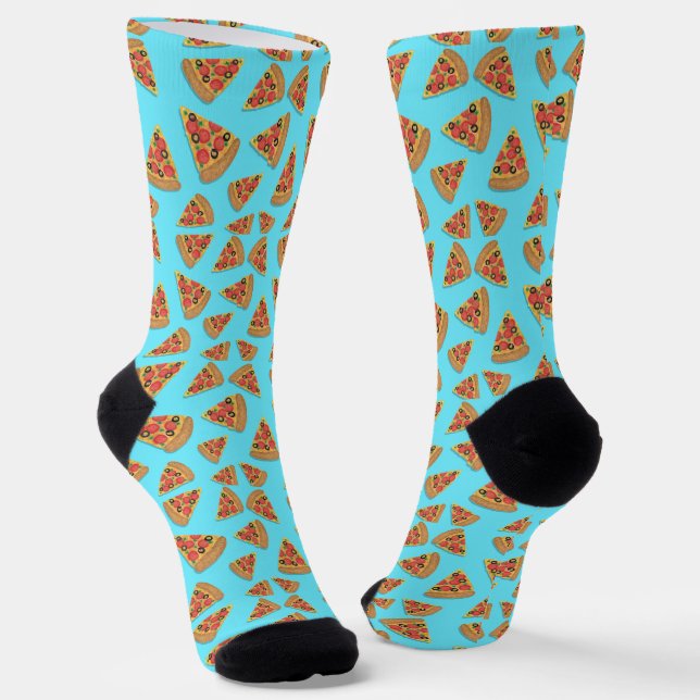 Blue Pizza Pattern Cute Novelty Socks (Angled)