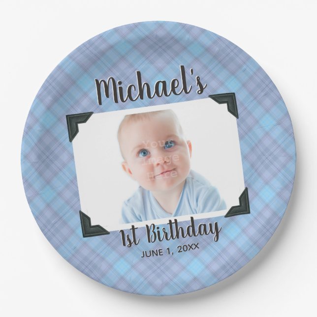 Blue Plaid 1st Birthday Photo With Name & Date Paper Plate (Front)