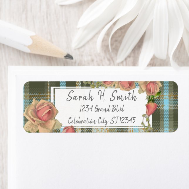 Blue Plaid and Millennial Pink Return Address Label (Insitu)