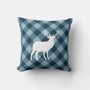 Blue Plaid and White Stag Holiday Pillow