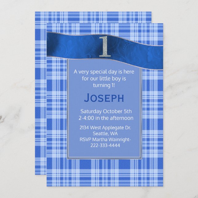 Blue Plaid Baby Boy First Birthday Invitation (Front/Back)