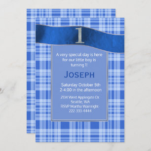 Blue Plaid Baby Boy First Birthday Invitation