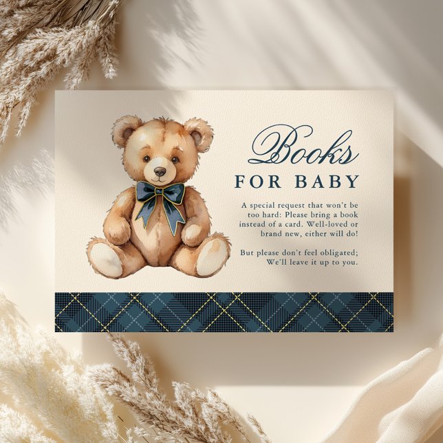 Blue Plaid Bear Baby Shower Books For Baby Enclosure Card (Creator Uploaded)