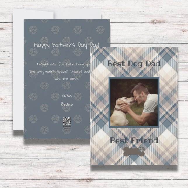 Blue Plaid Best Dog Dad Photo Flat Card ( Happy Father's Day. Personalize the card with your photo and message, from the dog, to the best dad)