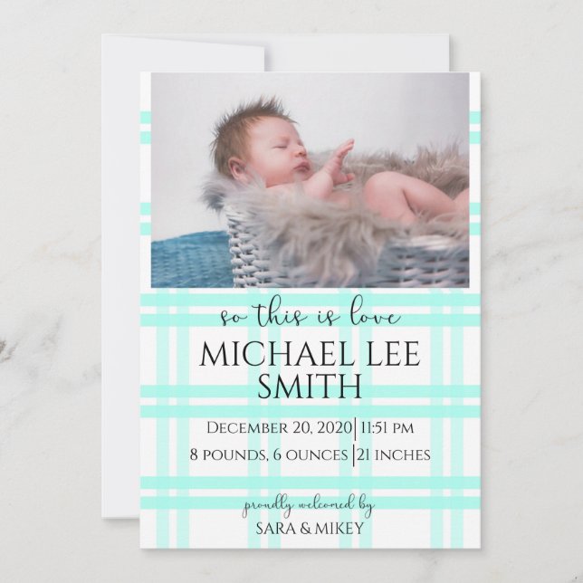 Blue Plaid Birth Announcement (Front)