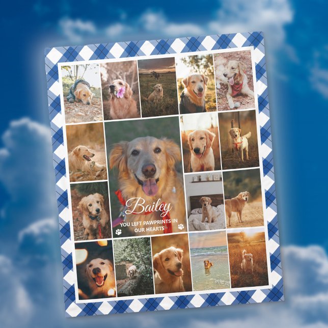 Blue Plaid Border 17 Photo Collage Pet Memorial Fleece Blanket (Creator Uploaded)