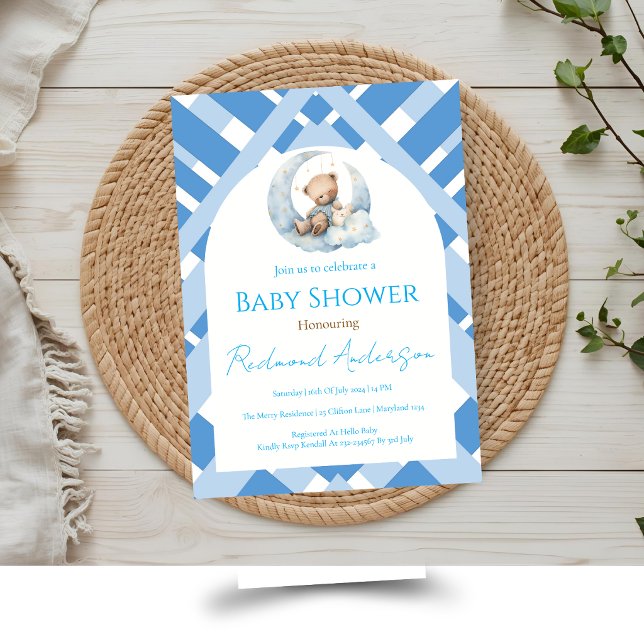 Blue Plaid Boy Baby shower bear Invitation (Creator Uploaded)