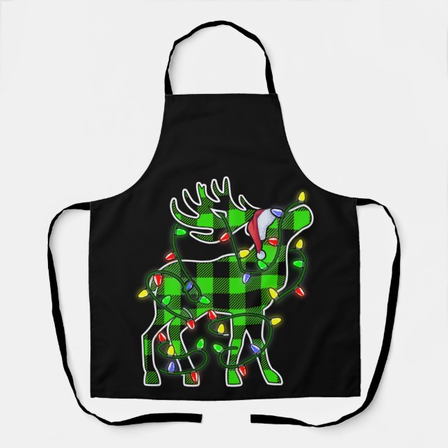 Blue Plaid Buffalo Deer Christmas Pajamas Xmas Apron (Front)