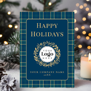 Blue Plaid Business Logo Holiday Thank You Card