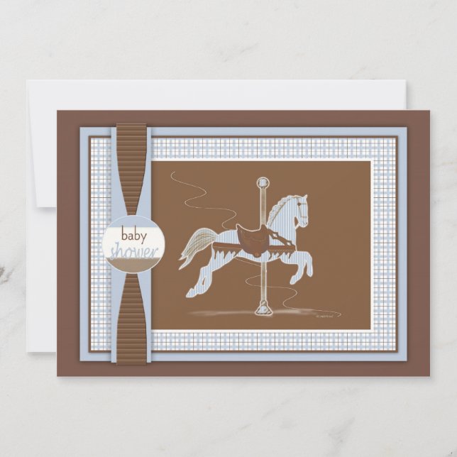 Blue Plaid Carousel Horse Baby Shower Invitation (Front)