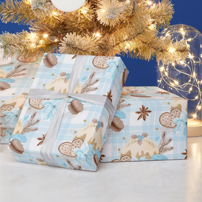 Blue Plaid Christmas Dessert Pattern Wrapping Paper (Holidays)