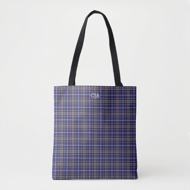 Blue Plaid Clan Alexander Tartan Monogram Tote Bag (Front)