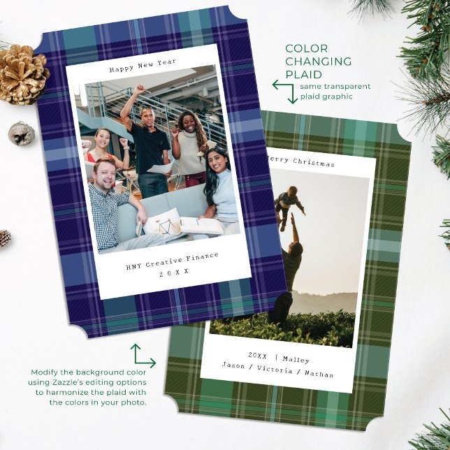 Blue Plaid Colour Changing  Photo New Year Card (Creator Uploaded)