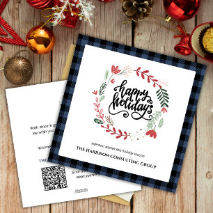 Blue Plaid Corporate Logo QR Code Holiday Card