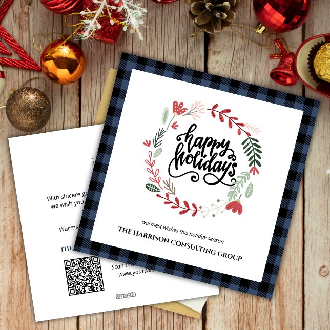 Blue Plaid Corporate Logo QR Code Holiday Card (Creator Uploaded)