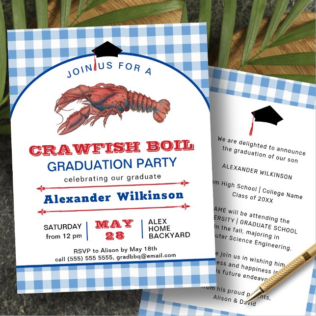Blue Plaid Crawfish Boil Graduation BBQ Party Invitation (Creator Uploaded)