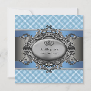 Blue Plaid Crown Little Prince Boy Baby Shower Invitation