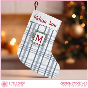 Blue Plaid Customisable Monogram Small Christmas Stocking