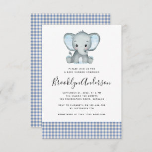  Blue Plaid Elephant Baby Shower Invitation