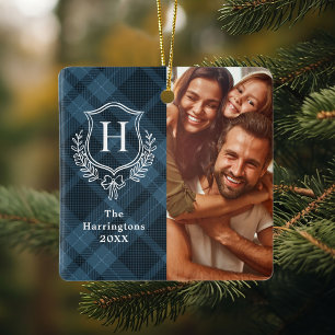 Blue Plaid Family Crest Photo Christmas Ceramic Ornament