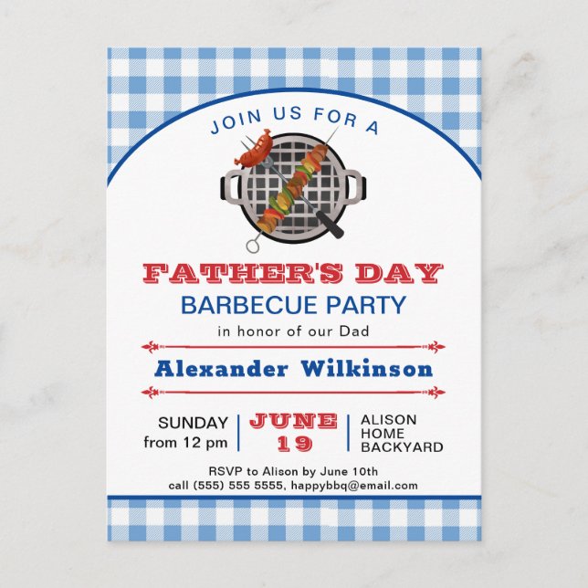 Blue Plaid Father's Day BBQ Party Invitation Postcard (Front)