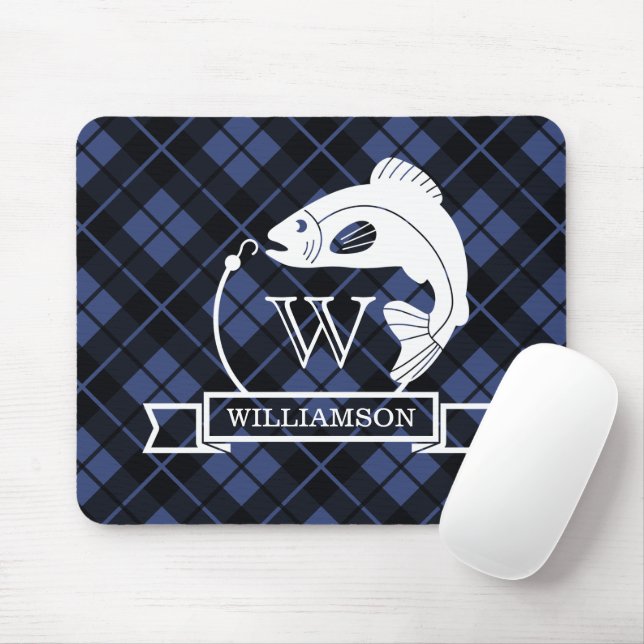 Blue Plaid Fish & Hook Monogram Mouse Pad (With Mouse)