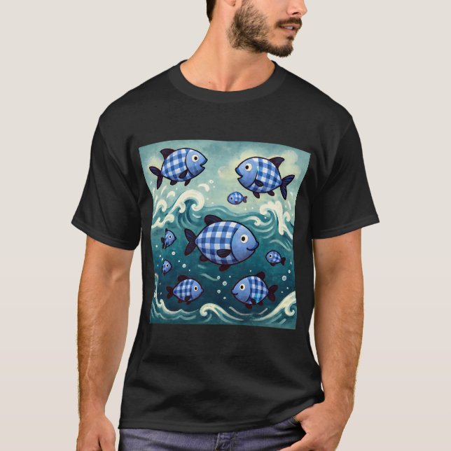 Blue Plaid Fish School T-Shirt (Front)