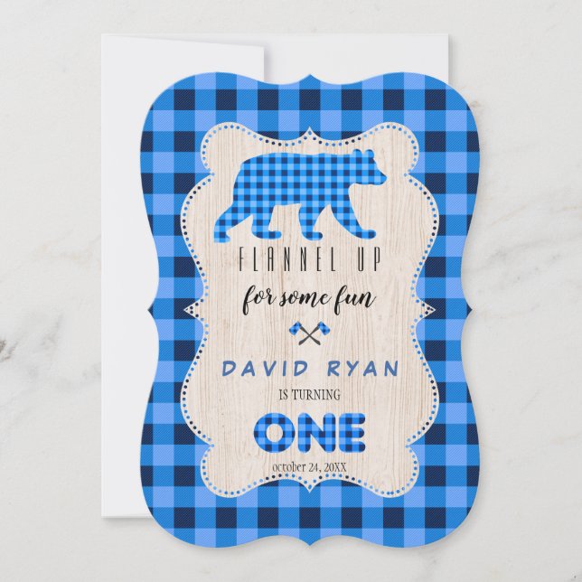 Blue Plaid Flannel Up Lumberjack First Birthday Invitation (Front)
