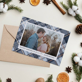 Blue Plaid Frame Christmas Real Foil Photo Holiday Card
