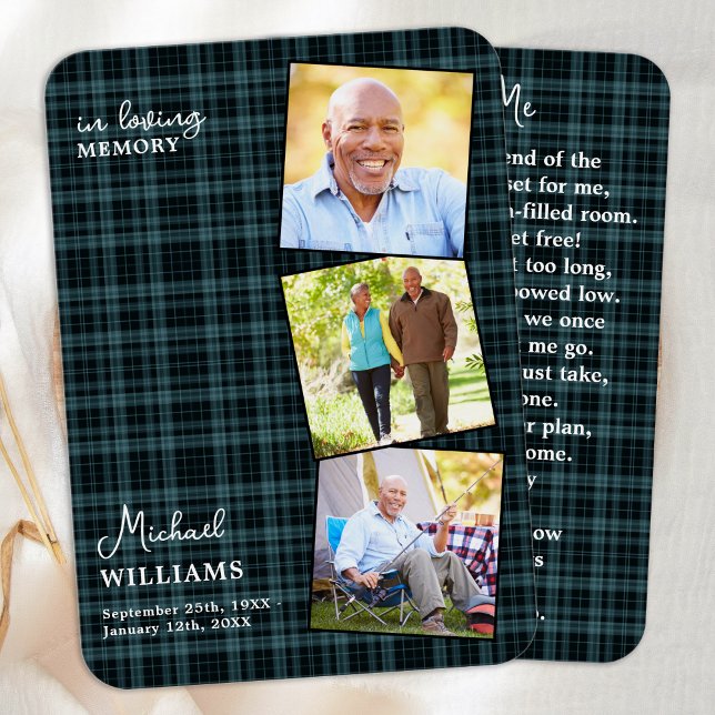 Blue Plaid Funeral 3 Photo Memorial Prayer Card (Creator Uploaded)