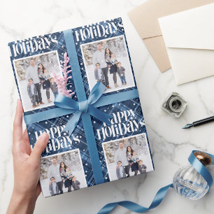Blue Plaid Gingham Custom Photo Christmas Holiday  Wrapping Paper