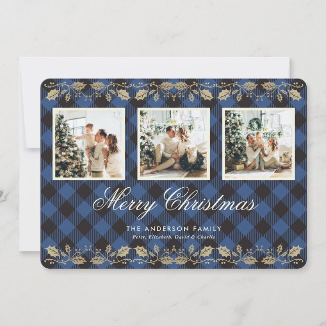 Blue Plaid Gold Holly 3 Photo Merry Christmas Card (Front)