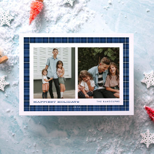 Blue Plaid Happiest Holidays Double Photo Holiday Card