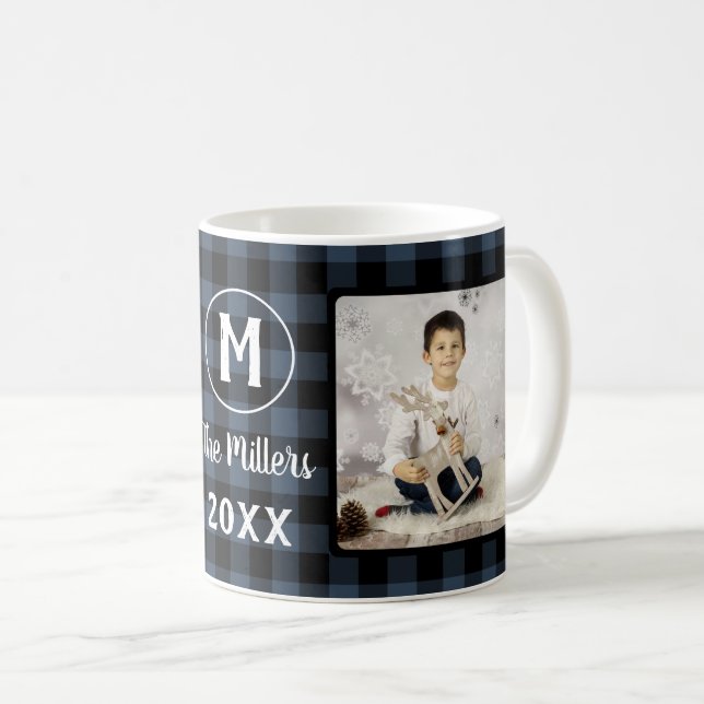 Blue Plaid Holiday Family Name 2 Photo Year Coffee Mug (Front Right)
