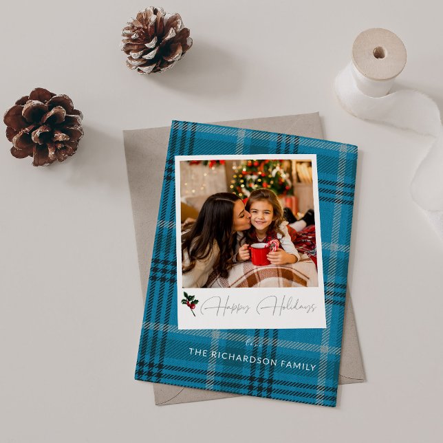 Blue Plaid Instant Photo Happy Holidays (Creator Uploaded)