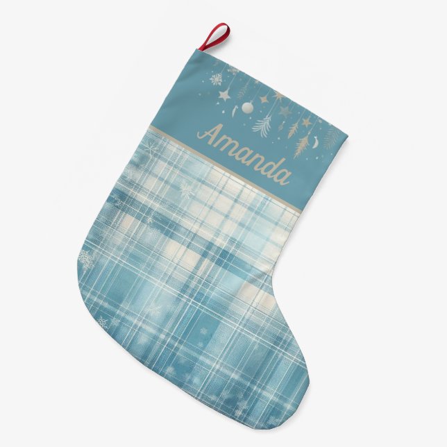 Blue Plaid Large Christmas Stocking (Front (Hanging))