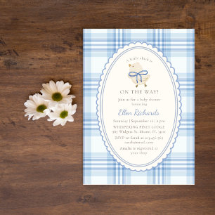 Blue Plaid Little Chick Boy Baby Shower  Invitation