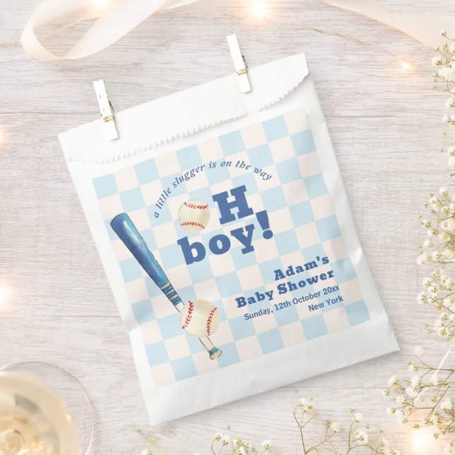 Blue Plaid Little Slugger Baseball Baby Shower  Favour Bag (Clipped)